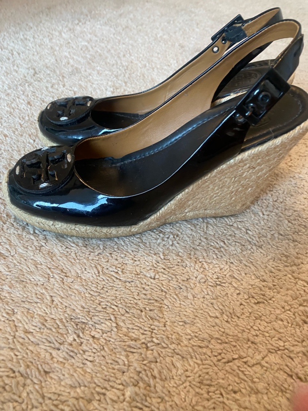 Tory Burch Black Patent Espadrille Wedge Slingback with Logo Toe - Picture 4 of 5